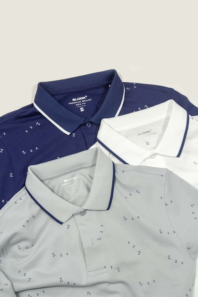 Navy, white and grey pique polo shirts