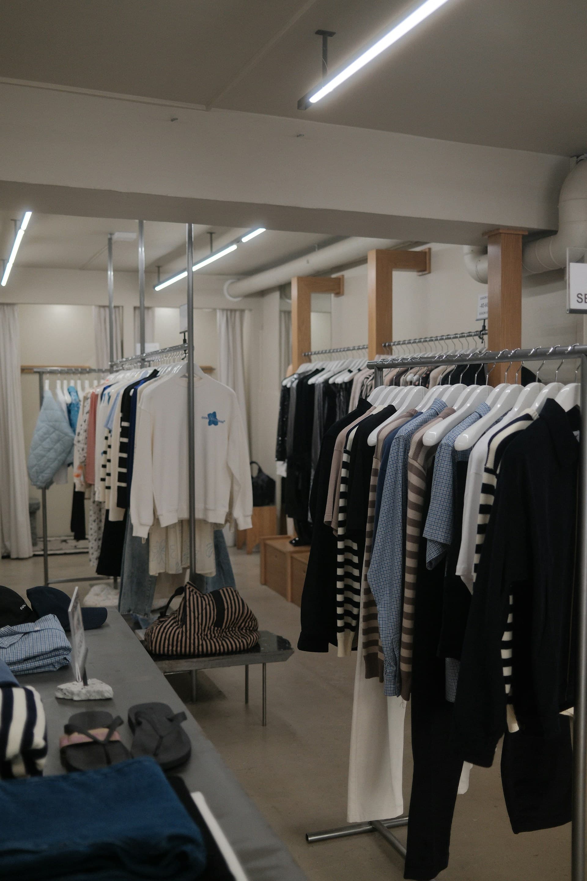 Rails of knitwear and shirts in a garment showroom