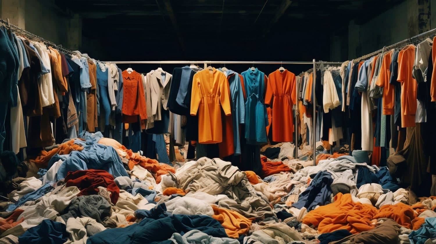 Storage racks above a large mound of surplus garments