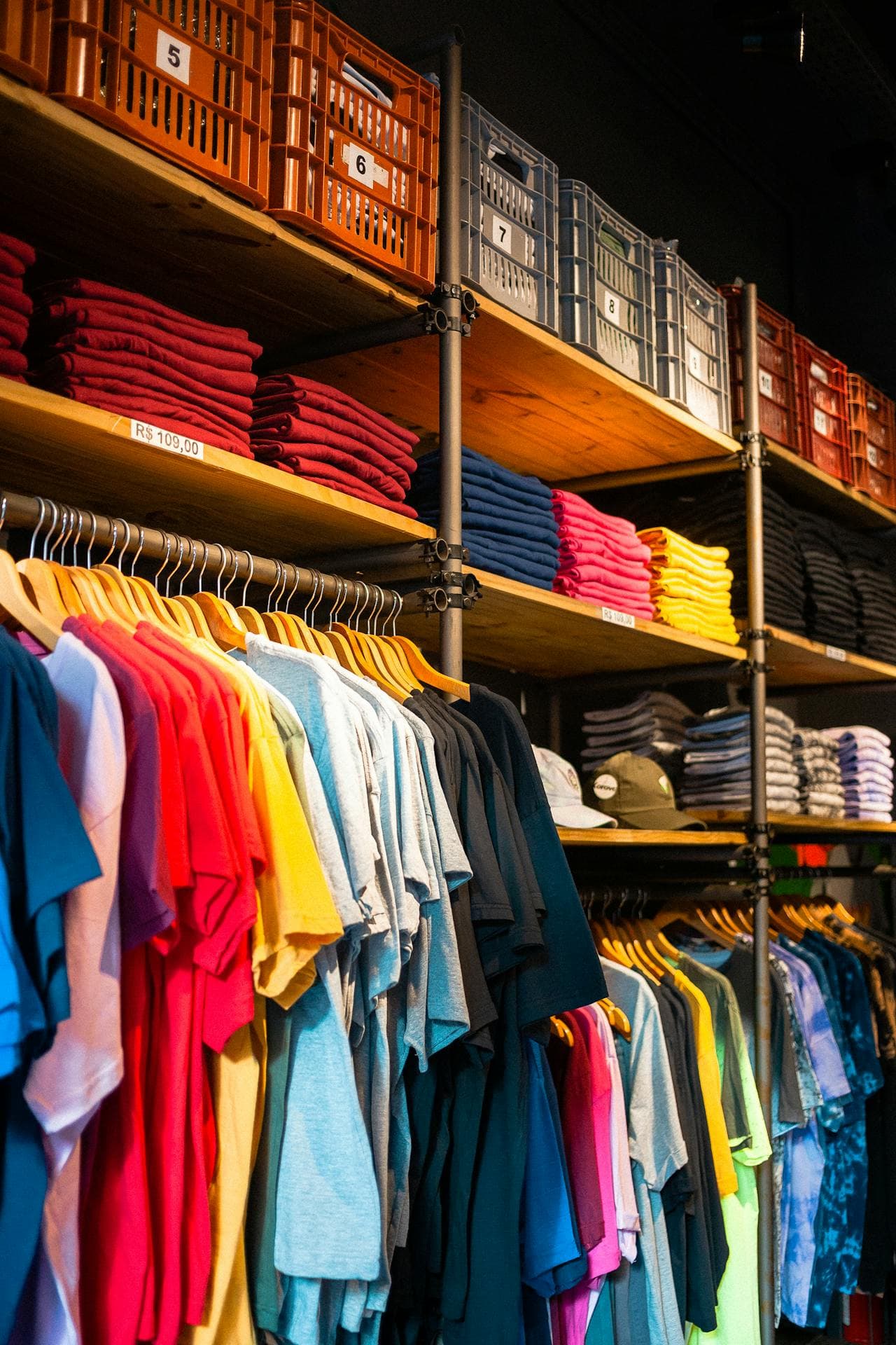 Shelves of folded t-shirts above a rail of colour options