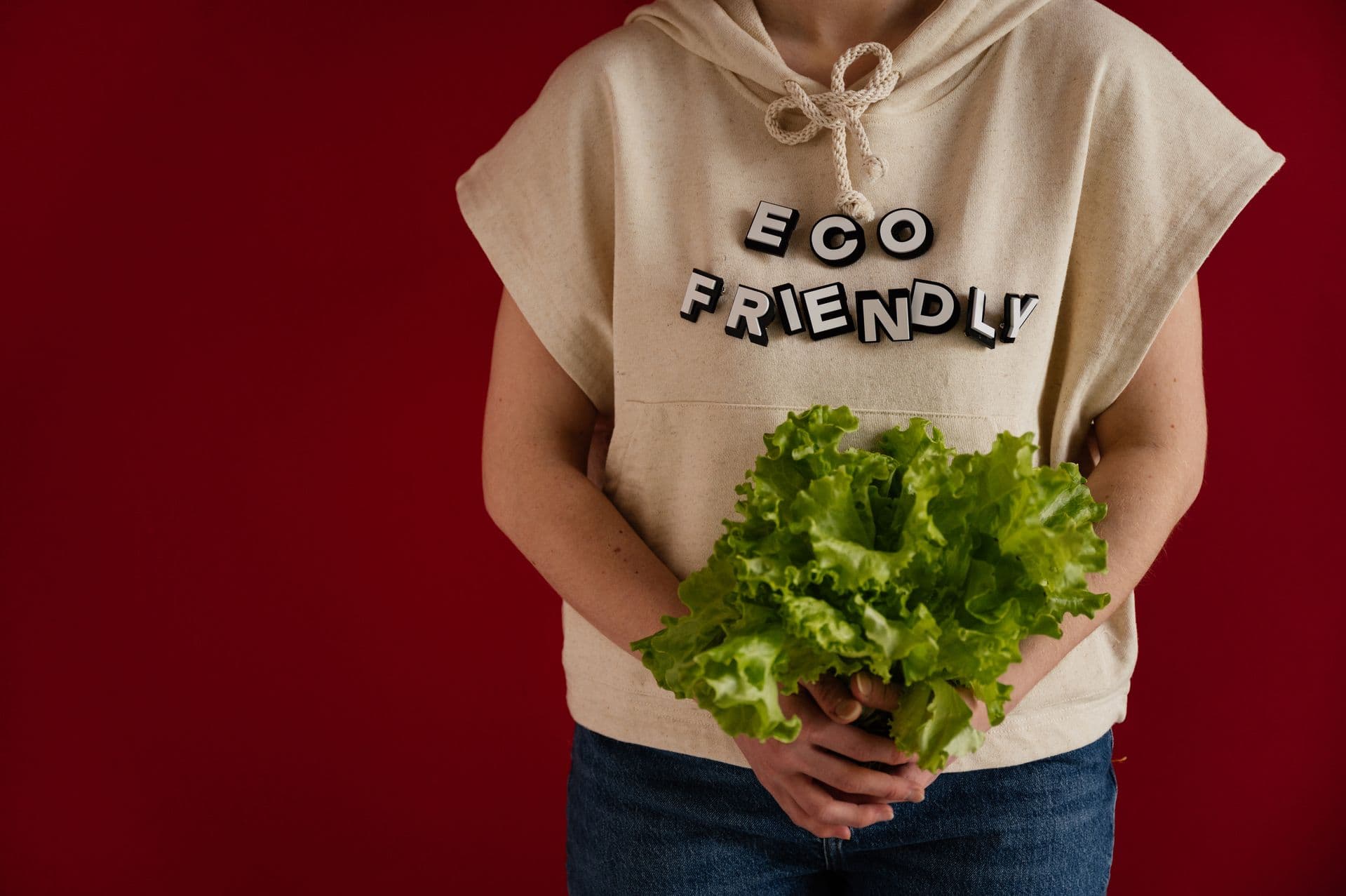 A person in an undyed cotton hoodie reading "Eco Friendly", holding a head of lettuce