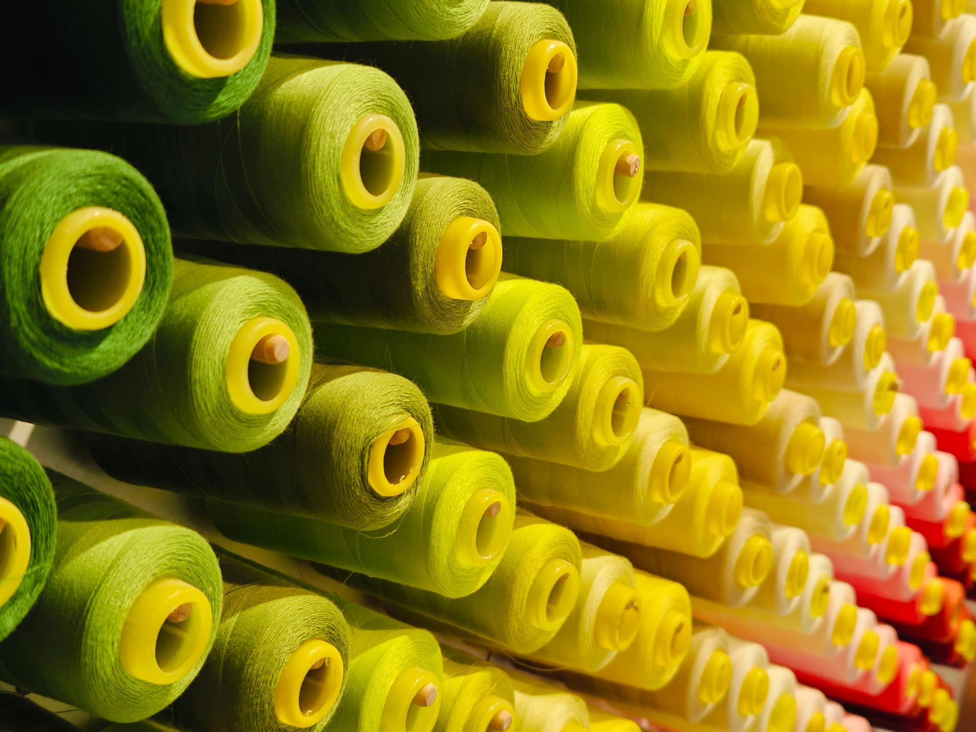 A wall of thread cones graded from deep green through yellow to white